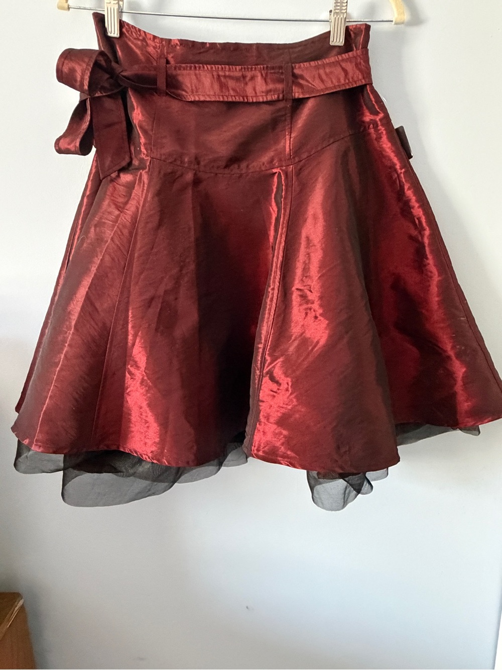 Bisou Bisou Shimmery Wine Red Circle Skirt with Fitted Waist and Sash Belt